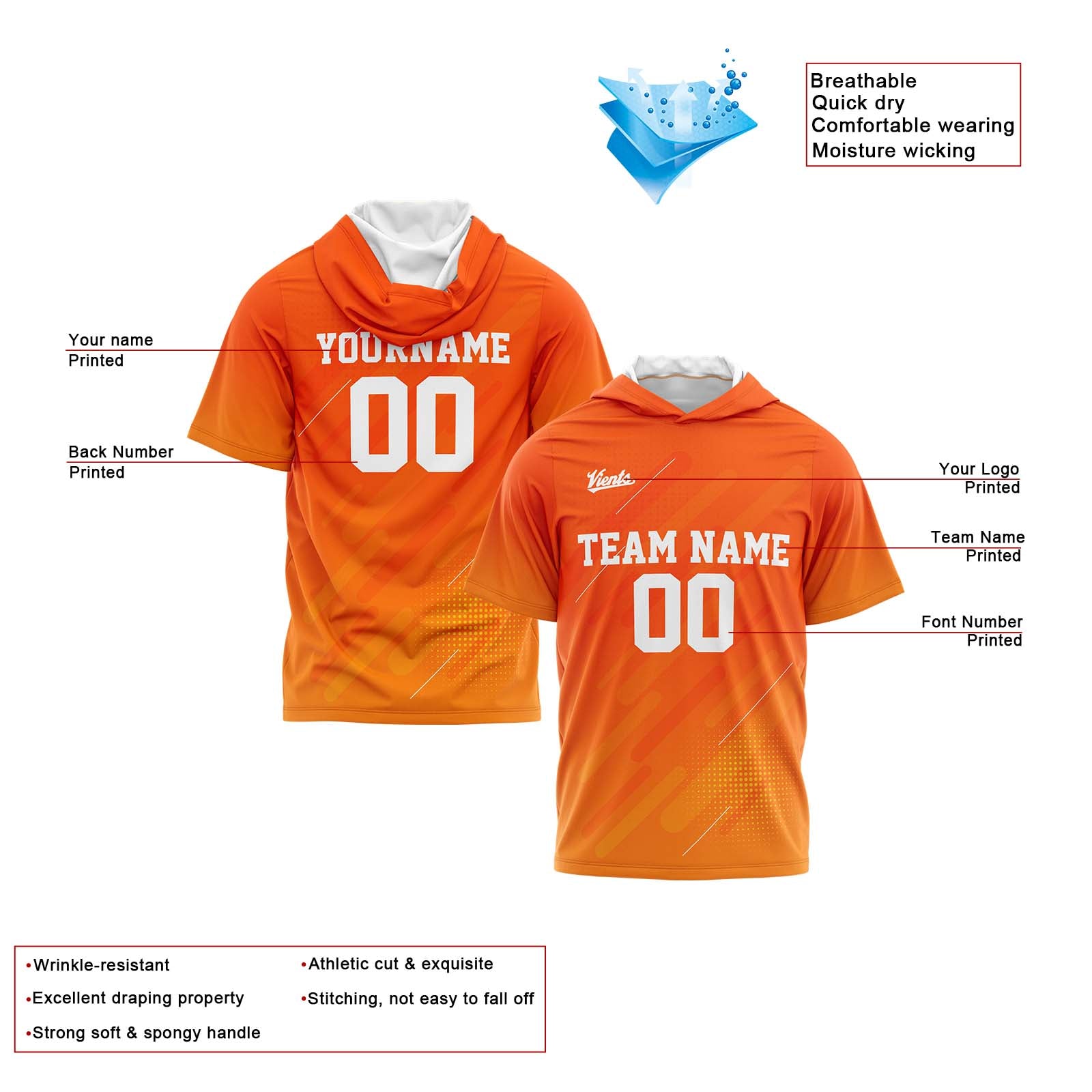 Custom Orange Sleeve Hoodies for Men Women Shirts with Hoods Printed Name Logo enthsush