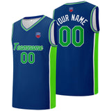 Custom basketball jersey shorts for men and women. Embroidered and printed name, number and logo Royal&Neon Green