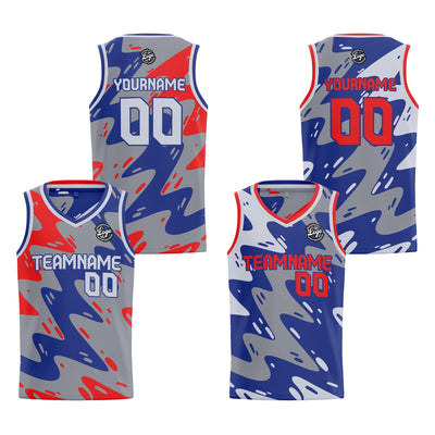 Custom Grey Blue Red Reversible Basketball Suit for Adults and Kids Personalized Jersey enthsush
