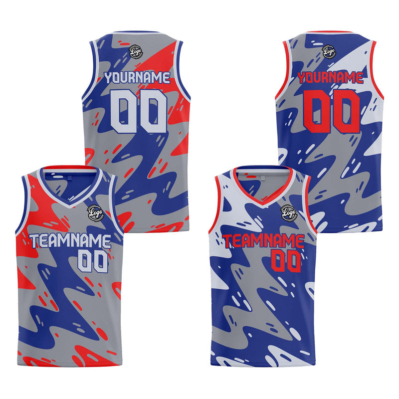Custom Grey Blue Red Reversible Basketball Suit for Adults and Kids Personalized Jersey