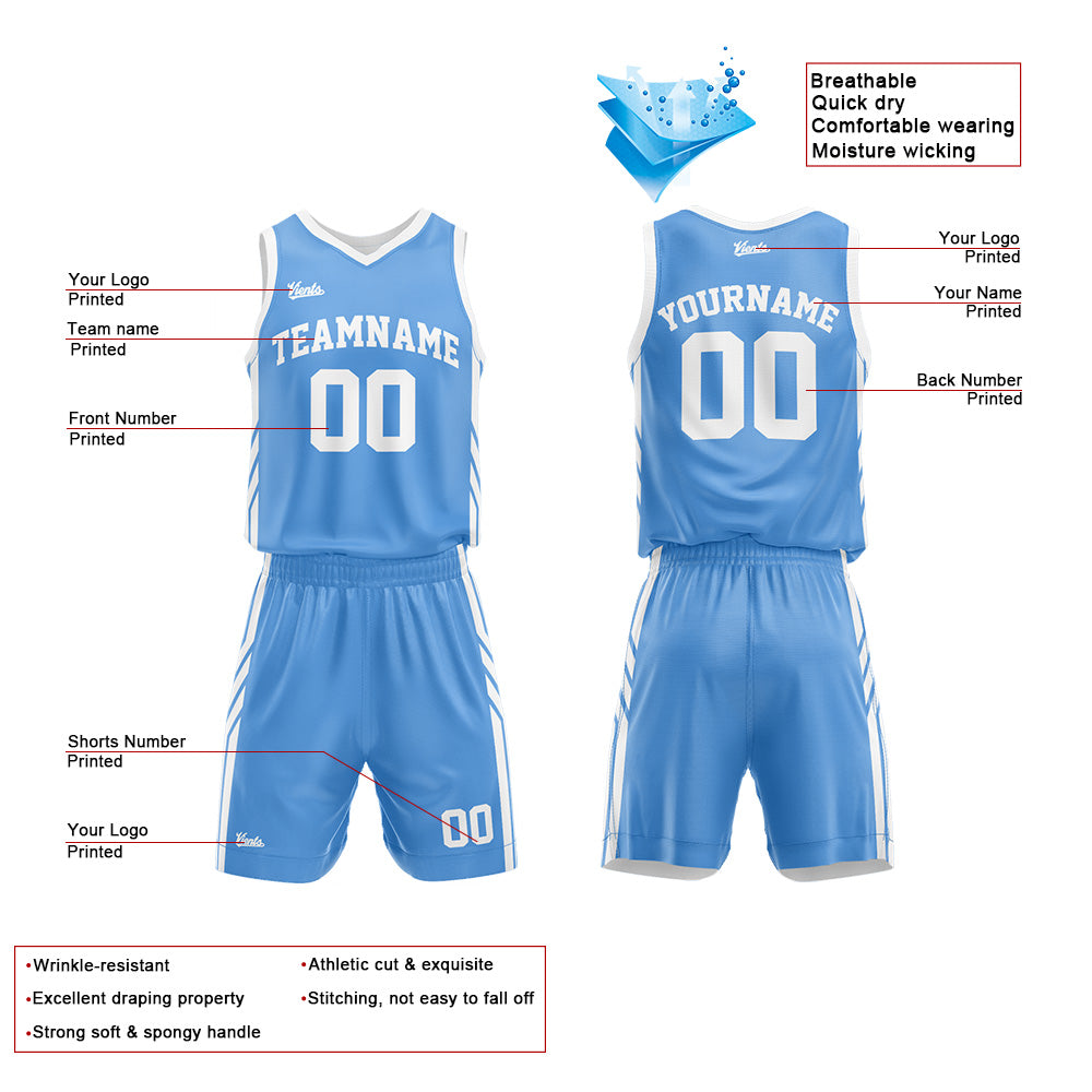 Custom Basketball Jersey Uniform Suit Printed Your Logo Name Number Light Blue-White enthsush