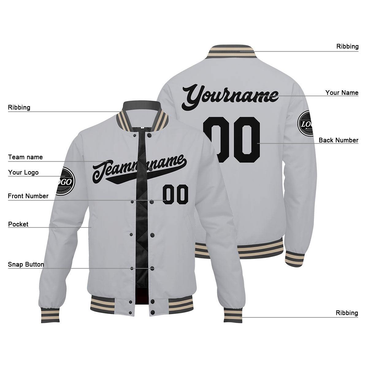 Custom Varsity Jacket Letterman jacket for Men, Women and Youth Grey Black enthsush