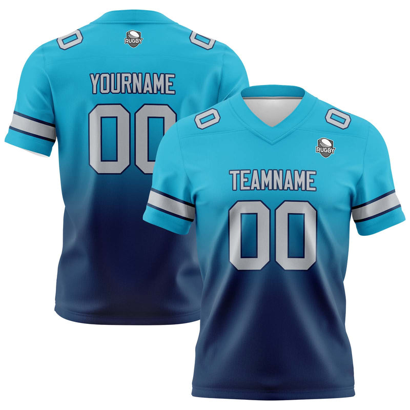 Custom Aqua Dark Blue Gradient Football Jersey Personalized Football Shirts for Men Women  Printed Team Name Number Logo