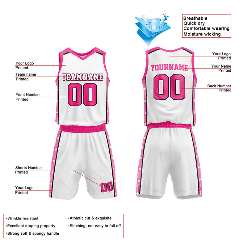 Custom Basketball Jersey Uniform Suit Printed Your Logo Name Number White-Pink enthsush