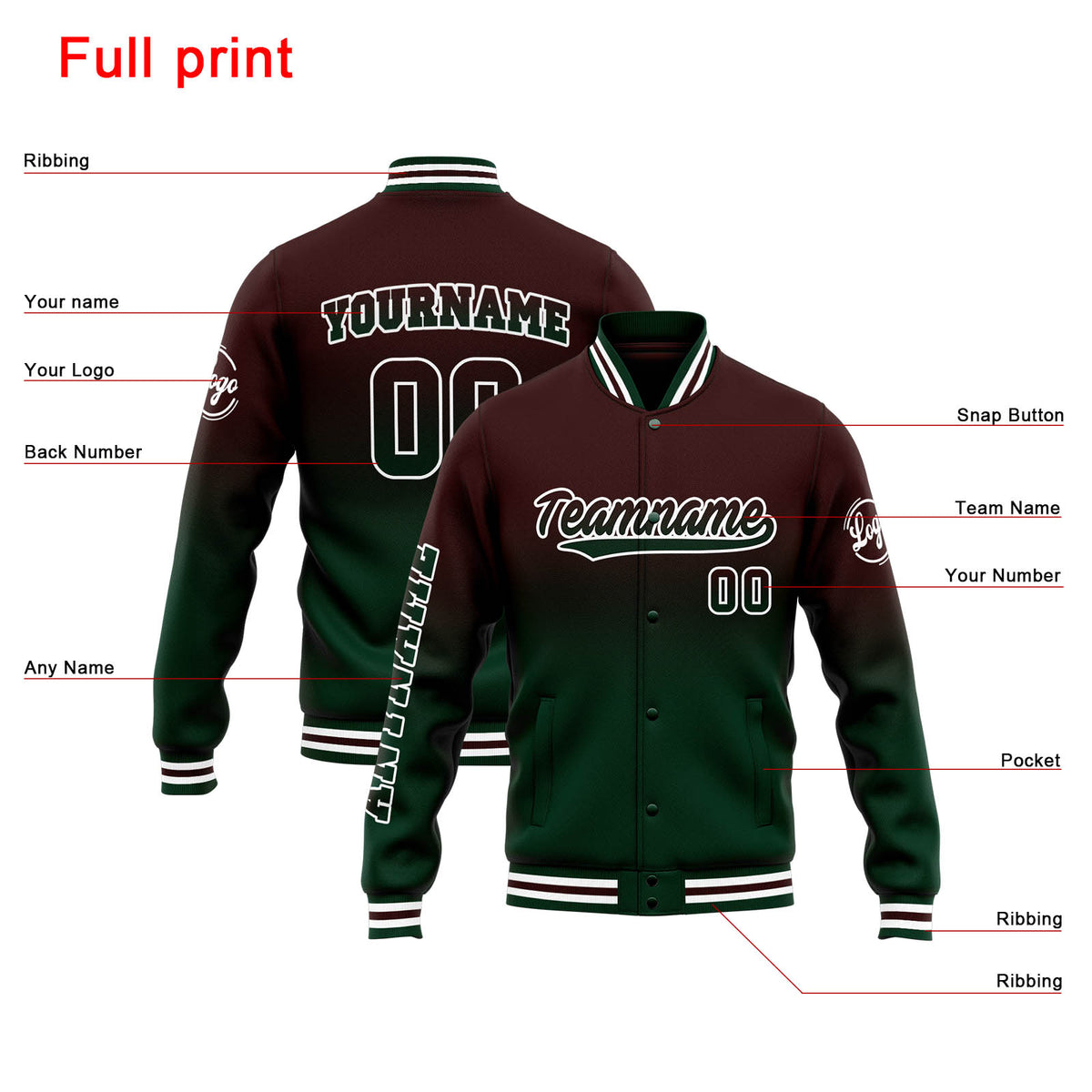 Custom Varsity Jacket Letterman jacket for Men, Women and Youth Brown Green Gradient enthsush