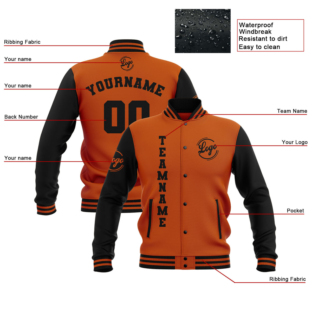 Custom Black Dark Orange Waterproof Varsity Jackets Personalized Stitched Name Number Logo to Letterman Jackets enthsush