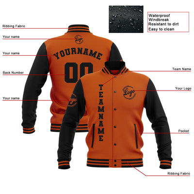 Custom Black Dark Orange Waterproof Varsity Jackets Personalized Stitched Name Number Logo to Letterman Jackets enthsush