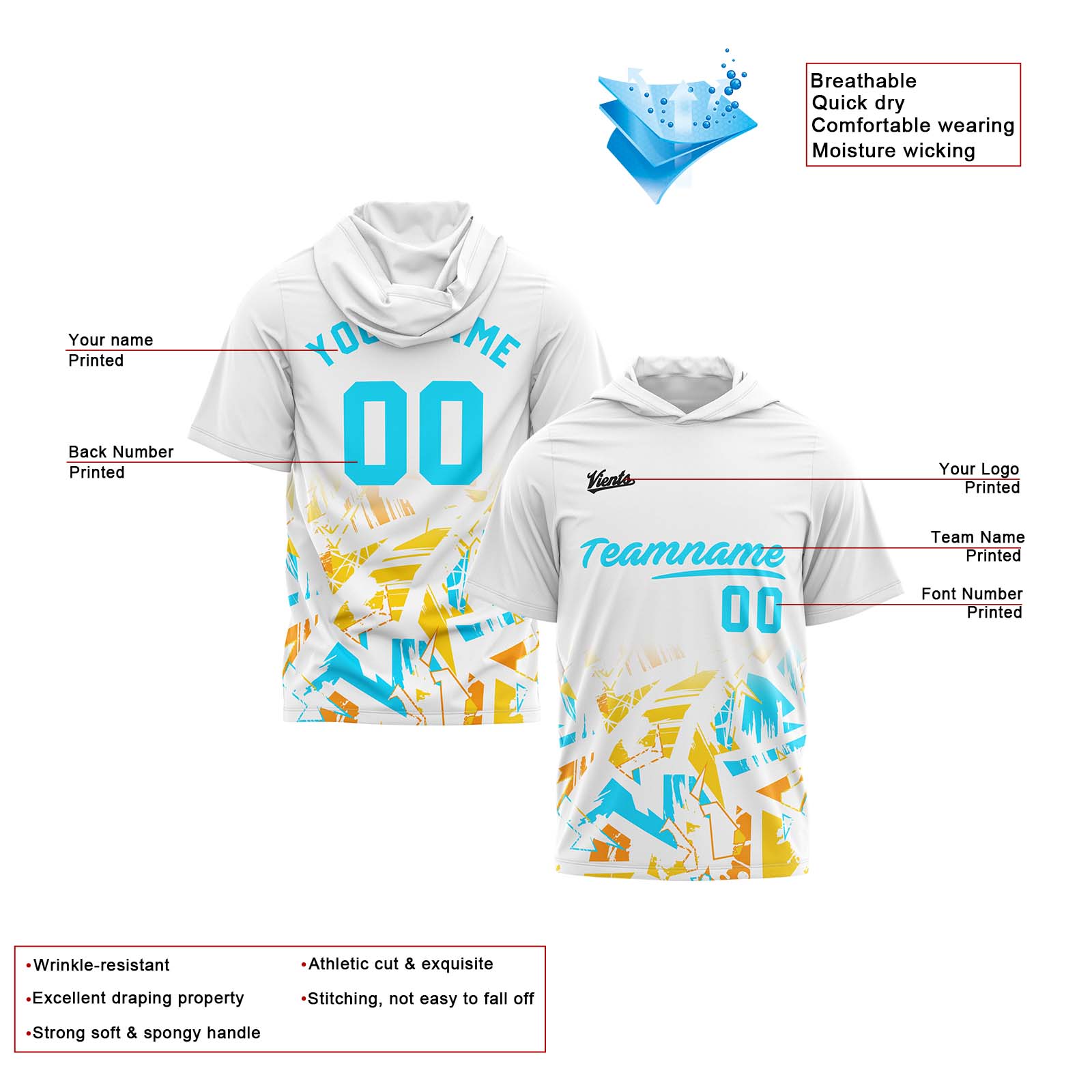 Custom White Light Blue Short Sleeve Hoodies for Men Women Shirts with Hoods Printed Name Logo enthsush