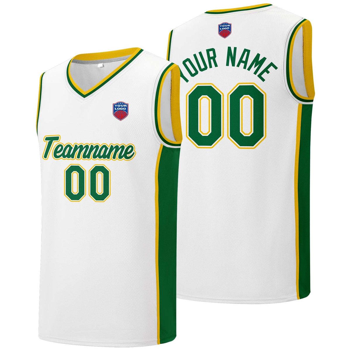 Custom basketball jersey shorts for men and women. Embroidered and printed name, number and logo White&Green&Yellow enthsush