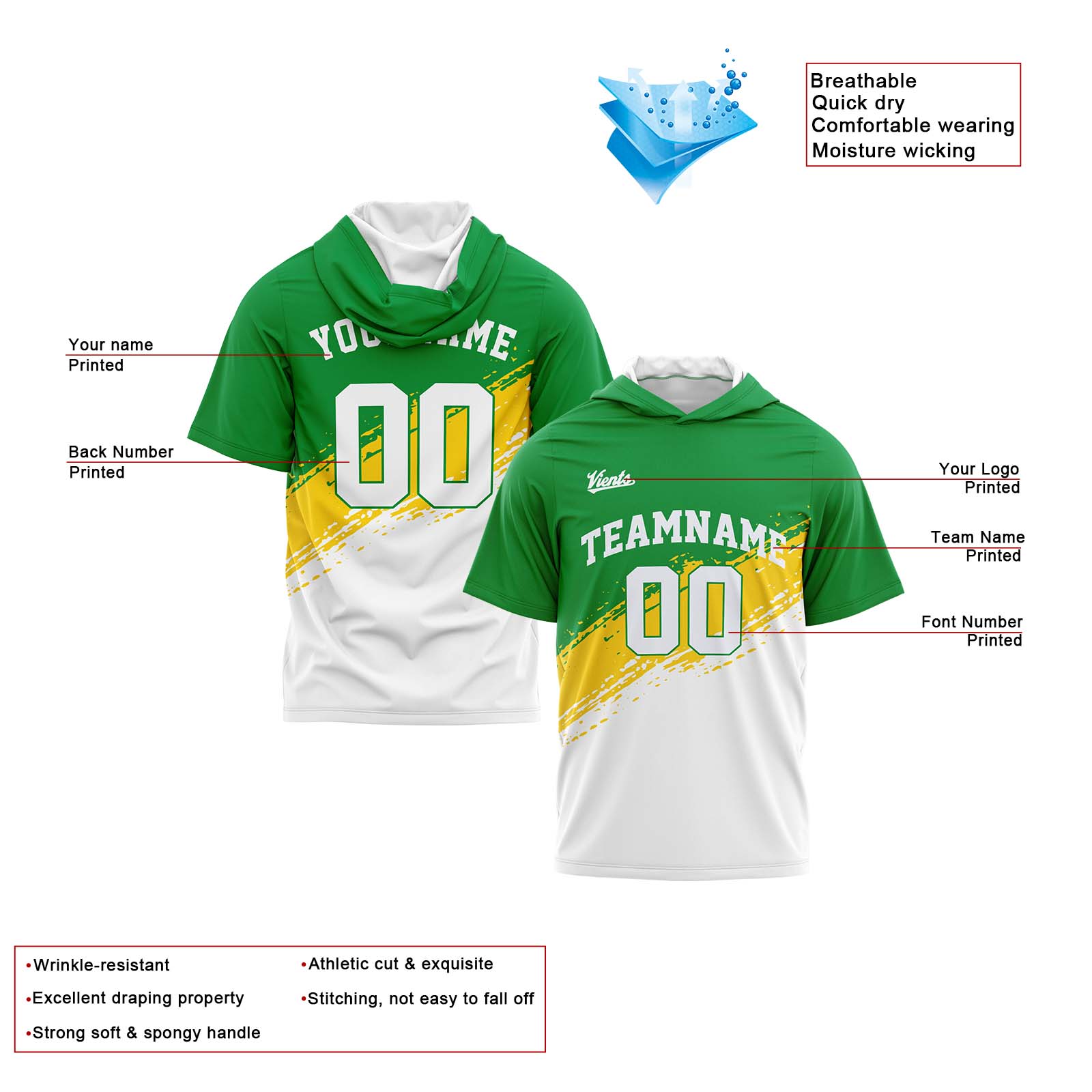 Custom Green Yellow Black Short Sleeve Hoodies for Men Women Shirts with Hoods Printed Name Logo enthsush