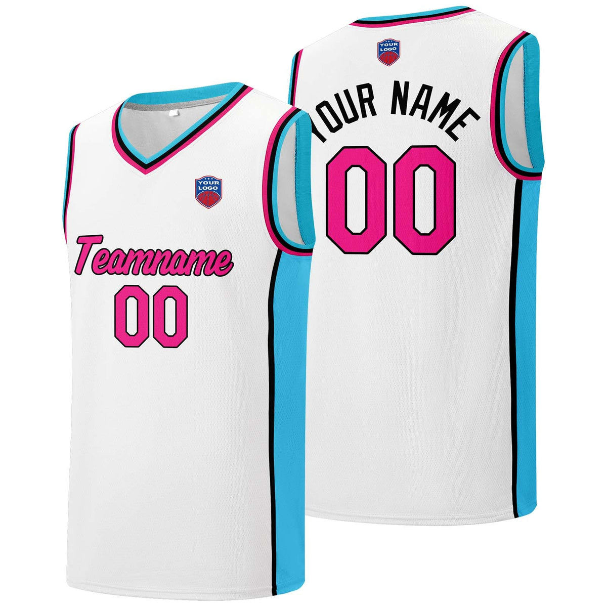 Custom basketball jersey shorts for men and women. Embroidered and printed name, number and logo White enthsush