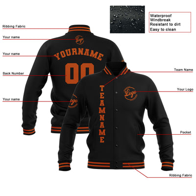 Custom Black Dark Orange Waterproof Varsity Jackets Personalized Stitched Name Number Logo to Letterman Jackets enthsush
