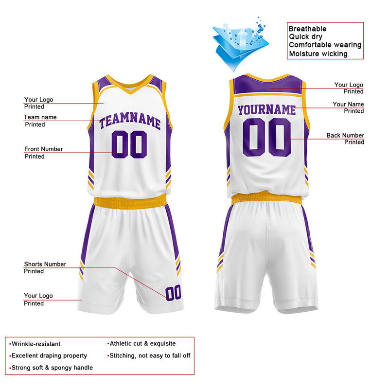 Custom Basketball Jersey Uniform Suit Printed Your Logo Name Number White-Purple-Yellow enthsush