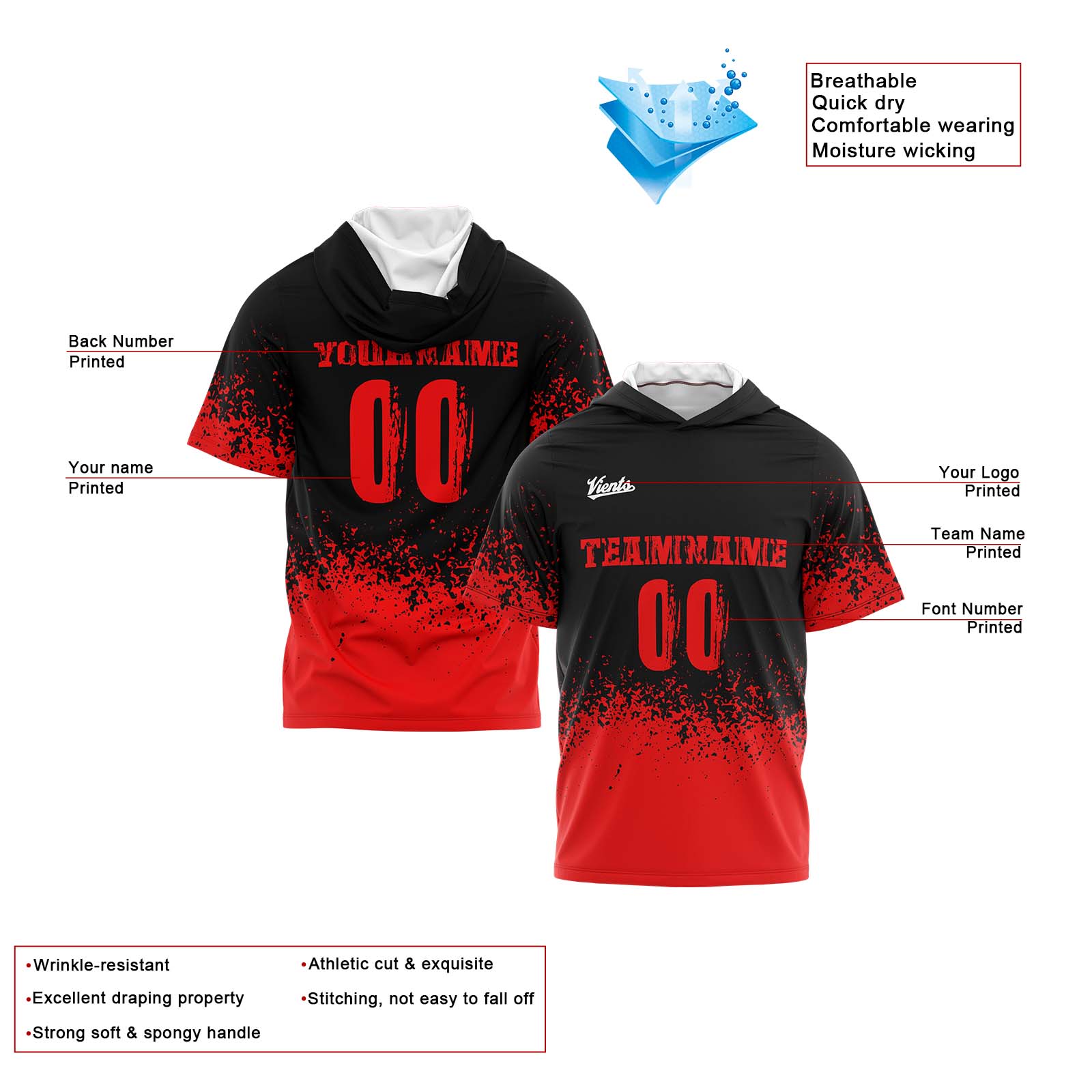 Custom Black Red Short Sleeve Hoodies for Men Women Shirts with Hoods Printed Name Logo enthsush