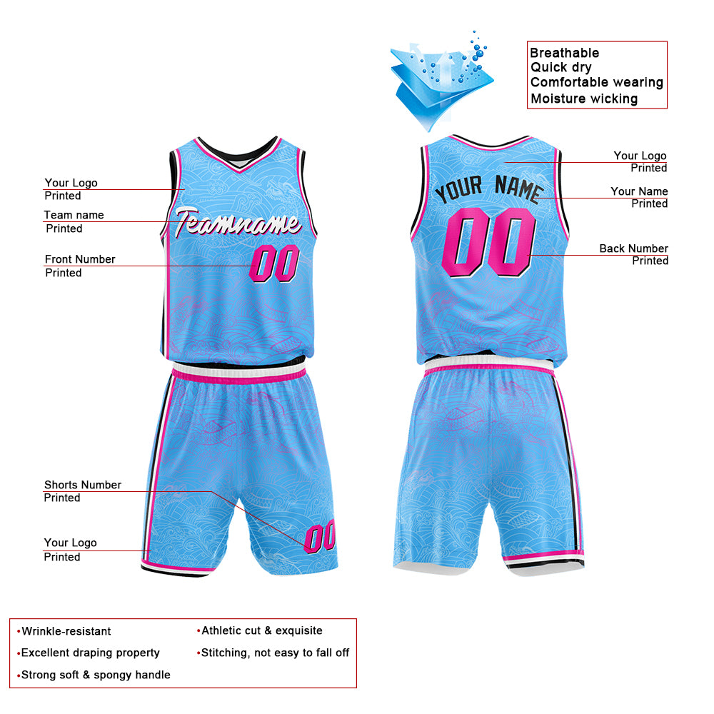 Custom Basketball Jersey Uniform Suit Printed Your Logo Name Number Light Blue enthsush