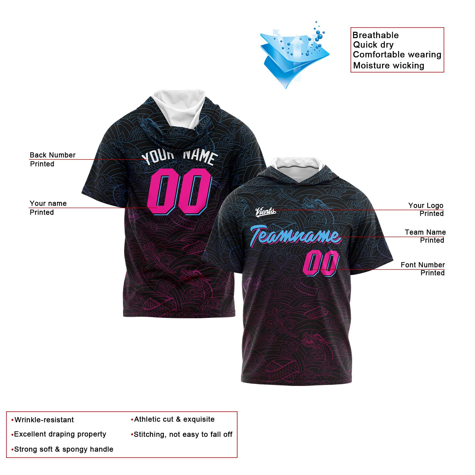 Custom Black Pink Light Blue Short Sleeve Hoodies for Men Women Shirts with Hoods Printed Name Logo enthsush
