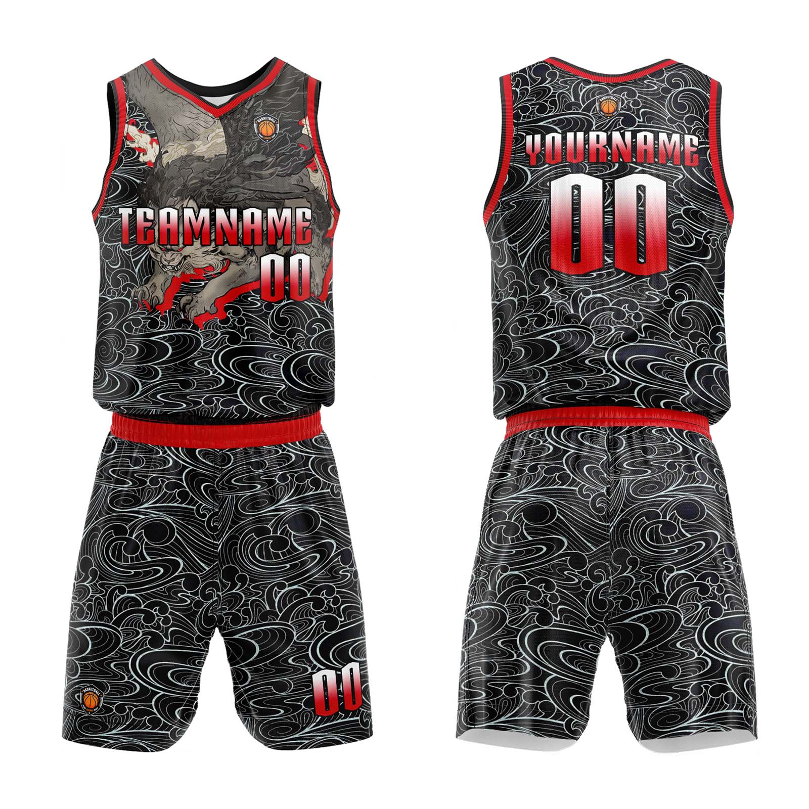 Custom Black Red Basketball Jersey Uniform Suit Printed Your Logo Name Number enthsush