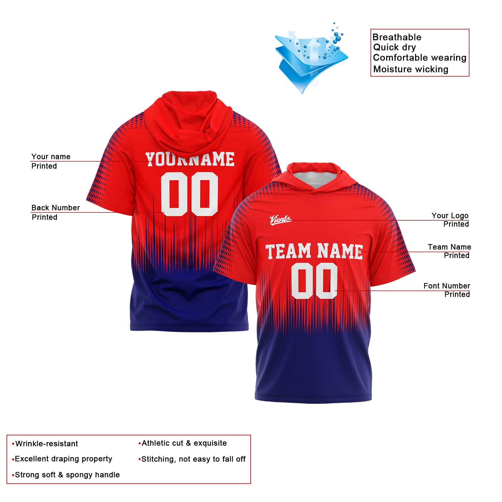 Custom Red Navy Sleeve Hoodies for Men Women Shirts with Hoods Printed Name Logo enthsush