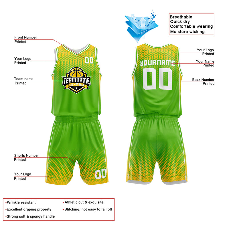 Custom Basketball Jersey Uniform Suit Printed Your Logo Name Number Green-Yellow