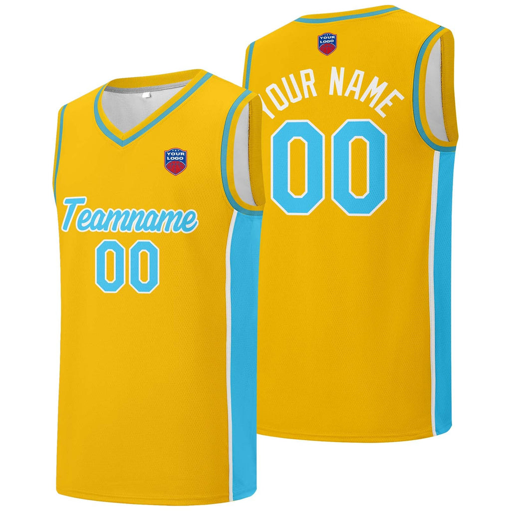 Custom basketball jersey shorts for men and women. Embroidered and printed name, number and logo Yellow&Light Blue enthsush