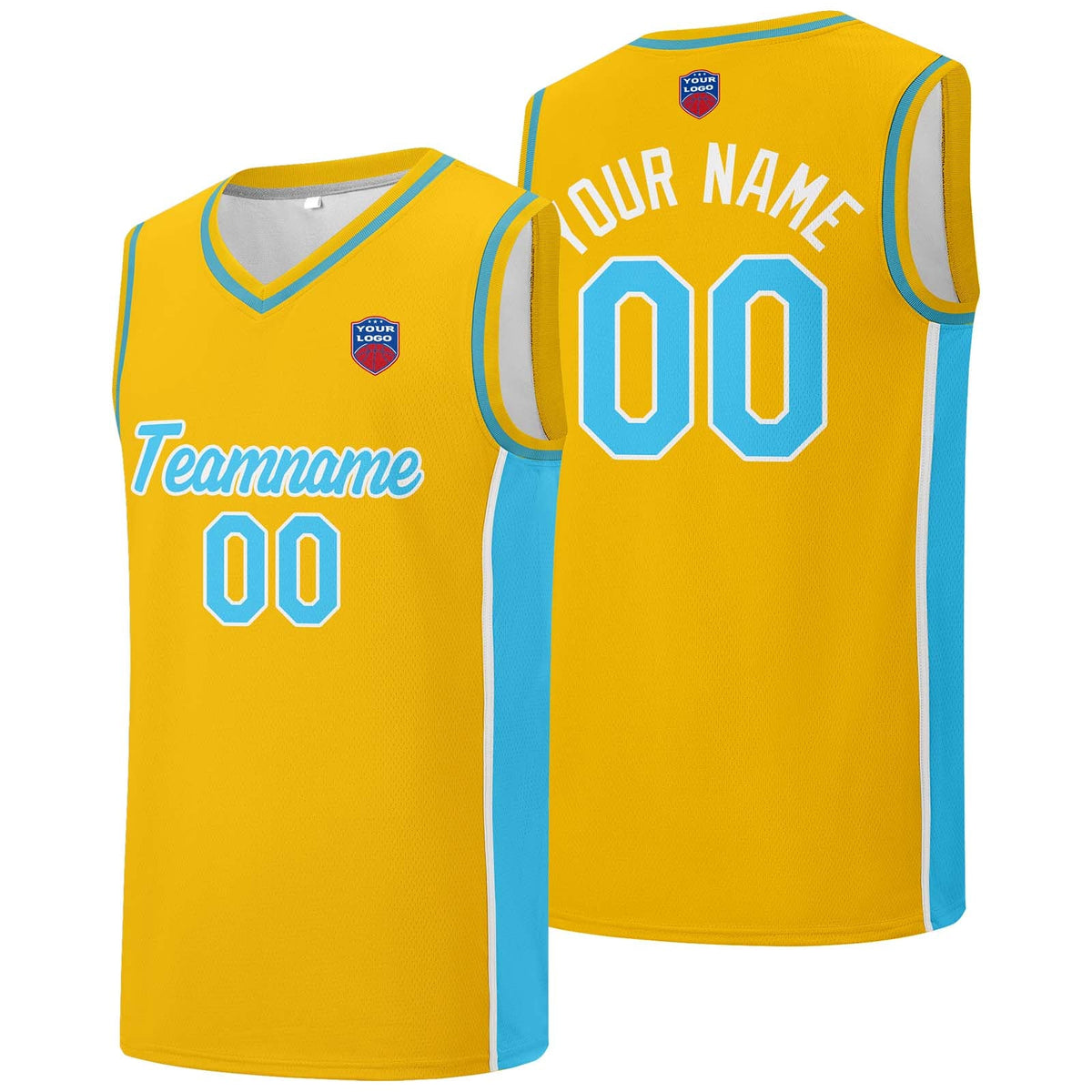 Custom basketball jersey shorts for men and women. Embroidered and printed name, number and logo Yellow&Light Blue enthsush