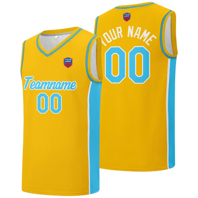 Custom basketball jersey shorts for men and women. Embroidered and printed name, number and logo Yellow&Light Blue enthsush