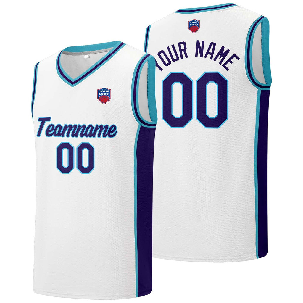 Custom basketball jersey shorts for men and women. Embroidered and printed name, number and logo White&Purple enthsush