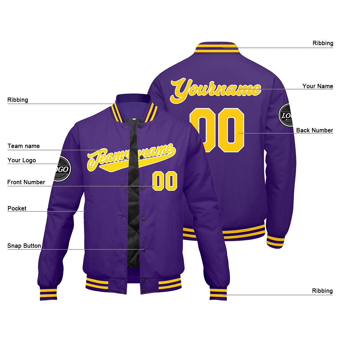 Custom Varsity Jacket Letterman jacket for Men, Women and Youth Purple Yellow enthsush