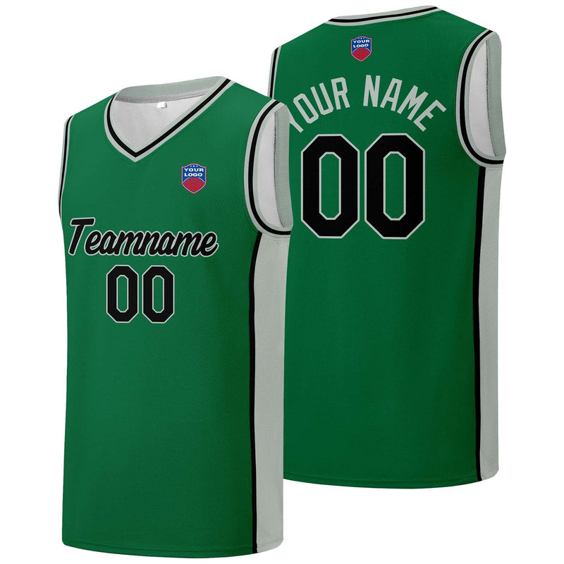 Custom basketball jersey shorts for men and women. Embroidered and printed name, number and logo Green&Grey