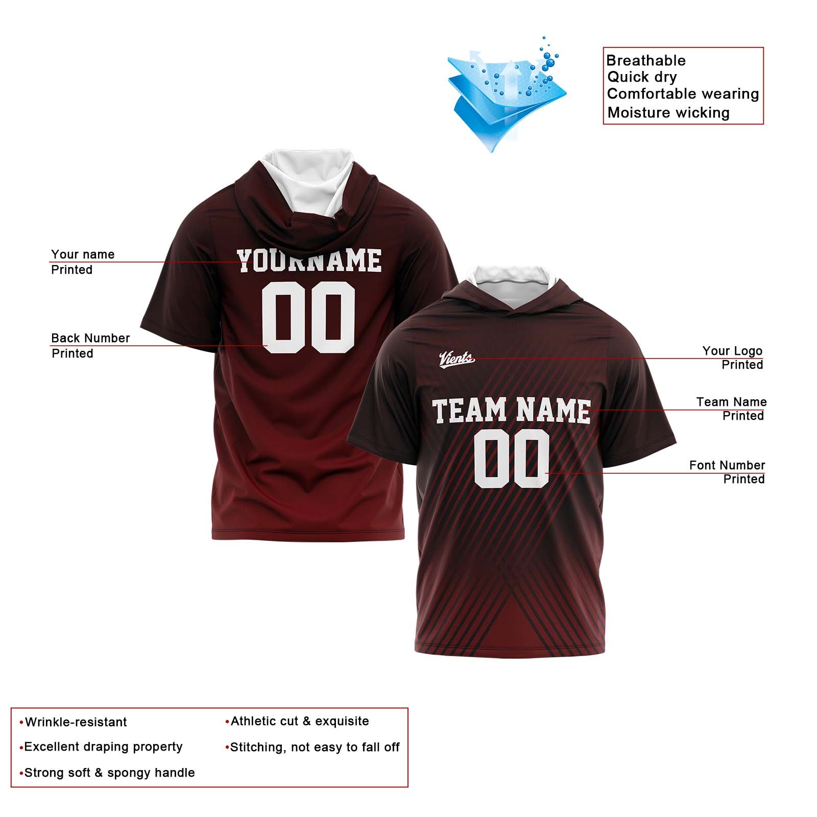 Custom Dark Red Sleeve Hoodies for Men Women Shirts with Hoods Printed Name Logo enthsush
