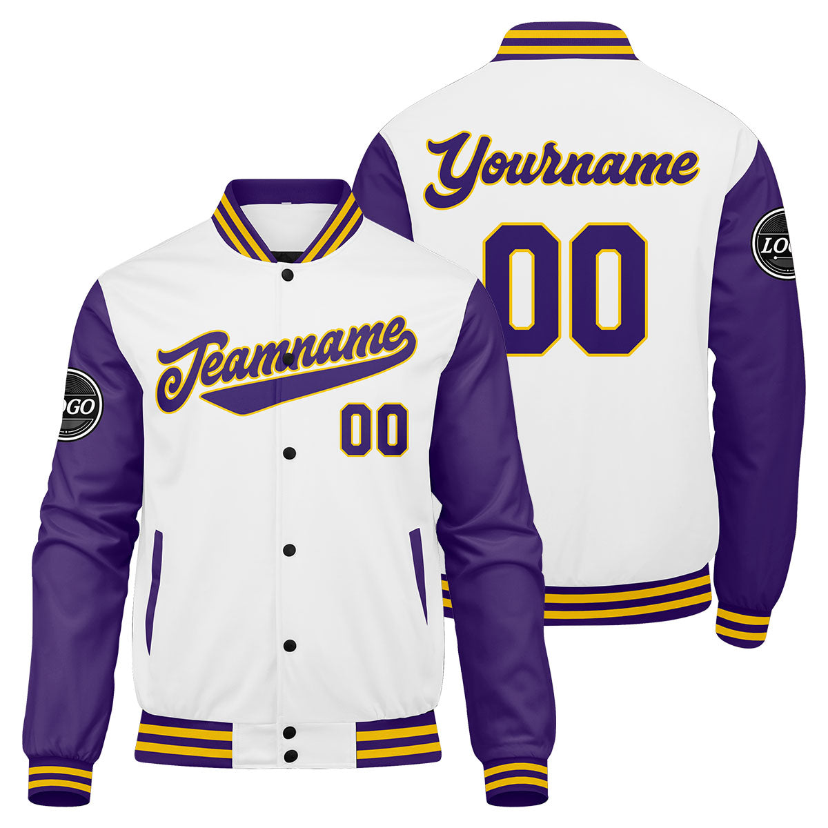 Custom Varsity Jacket Letterman jacket for Men, Women and Youth Purple White Yellow enthsush