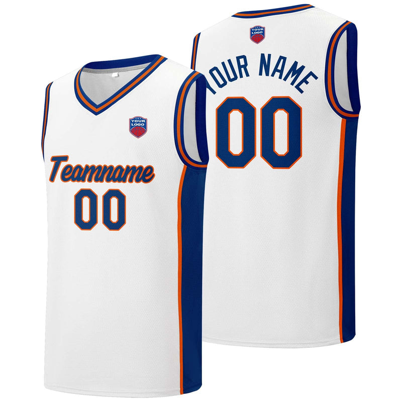 Custom basketball jersey shorts for men and women. Embroidered and printed name, number and logo White