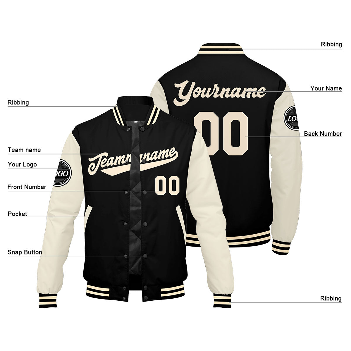 Custom Varsity Jacket Letterman jacket for Men, Women and Youth Black Cream enthsush