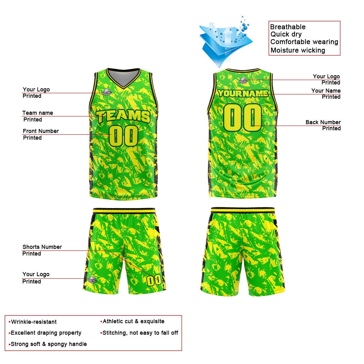Custom Green Yellow Reversible Basketball Suit for Adults and Kids Personalized Jersey enthsush