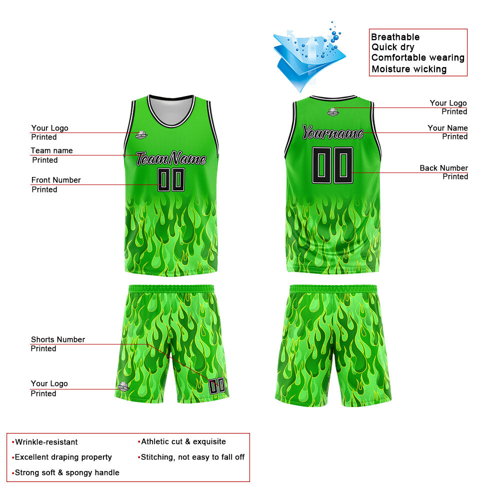 Custom Basketball Jersey Uniform Suit Printed Your Logo Name Number Flame&Green enthsush