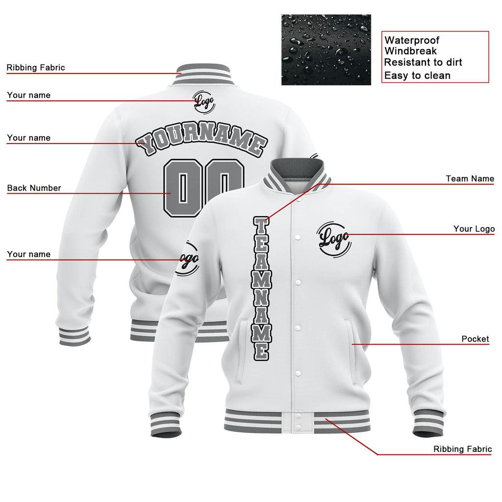 Custom White Grey Waterproof Varsity Jackets Personalized Stitched Name Number Logo to Letterman Jackets enthsush