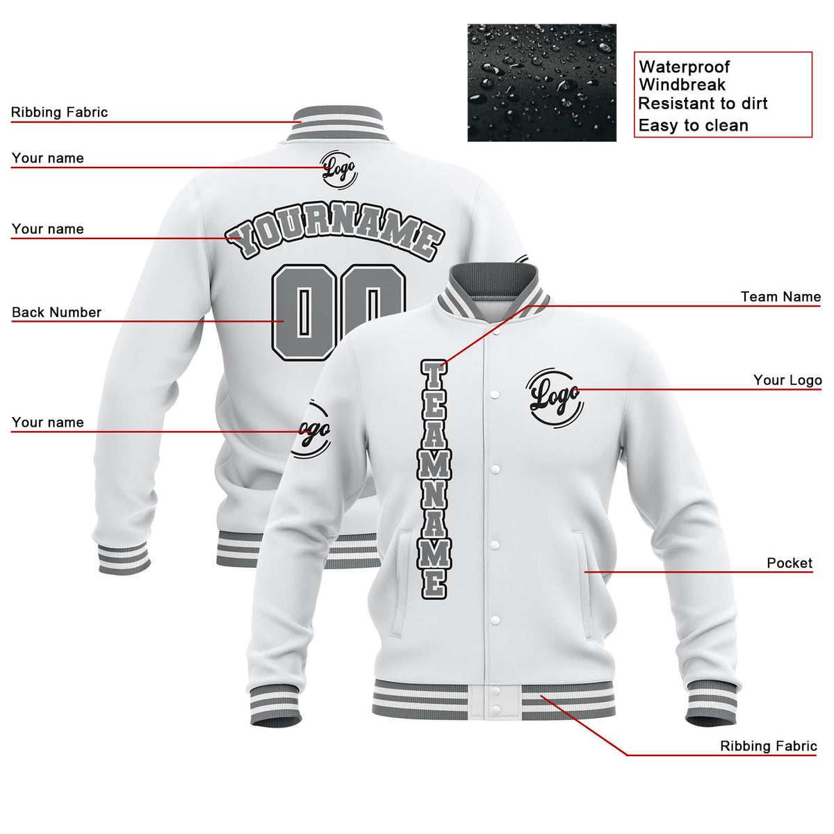 Custom White Grey Waterproof Varsity Jackets Personalized Stitched Name Number Logo to Letterman Jackets enthsush