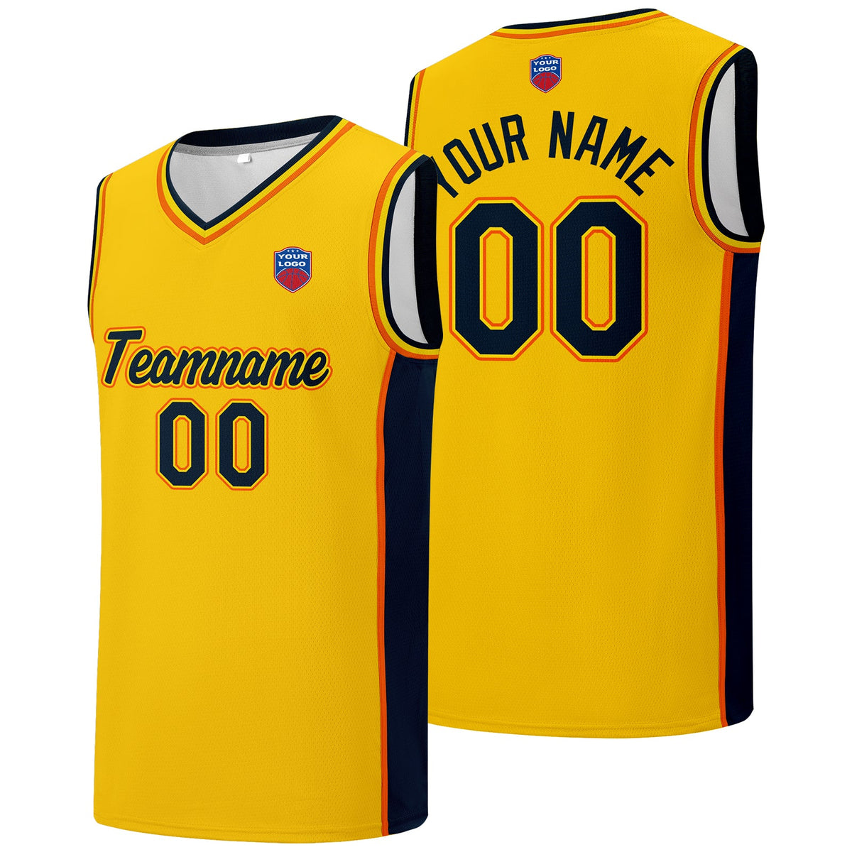 Custom basketball jersey shorts for men and women. Embroidered and printed name, number and logo Yellow enthsush