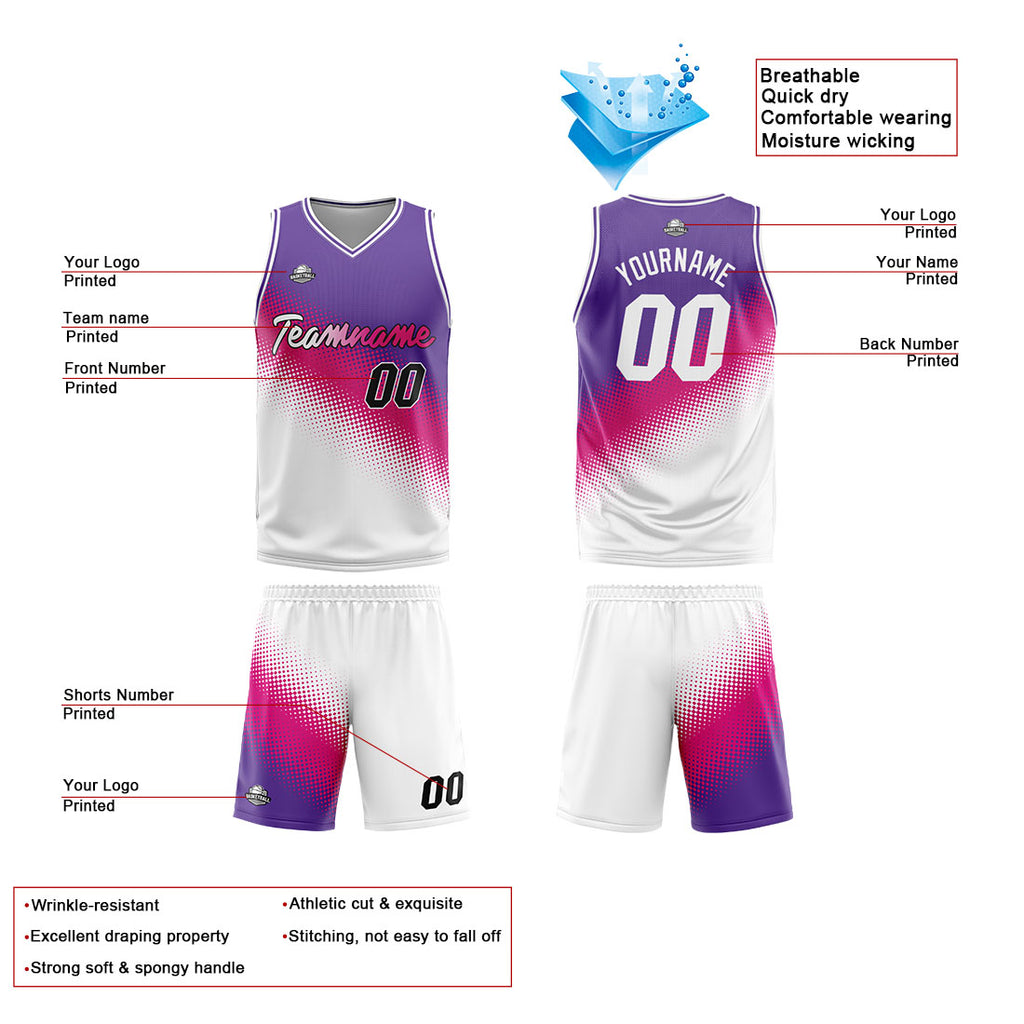 Custom Reversible Basketball Suit for Adults and Kids Personalized Jersey White-Hot Pink-Purple enthsush