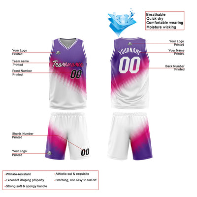 Custom Reversible Basketball Suit for Adults and Kids Personalized Jersey White-Hot Pink-Purple enthsush