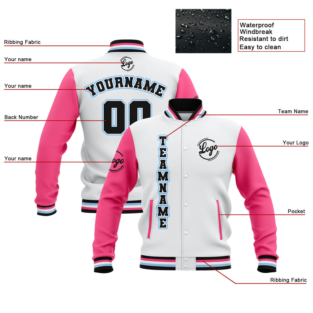 Custom White Pink Black Waterproof Varsity Jackets Personalized Stitched Name Number Logo to Letterman Jackets enthsush
