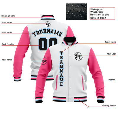 Custom White Pink Black Waterproof Varsity Jackets Personalized Stitched Name Number Logo to Letterman Jackets enthsush