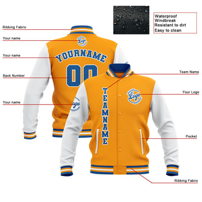 Custom Yellow White Blue Waterproof Varsity Jackets Personalized Stitched Name Number Logo to Letterman Jackets enthsush