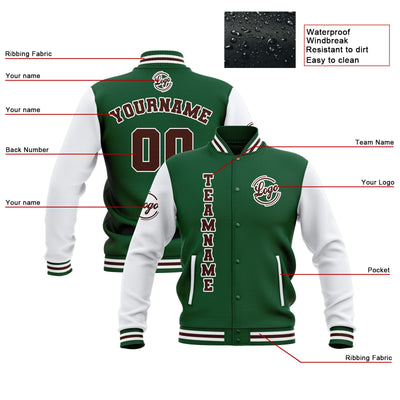 Custom Green White Brown Waterproof Varsity Jackets Personalized Stitched Name Number Logo to Letterman Jackets enthsush