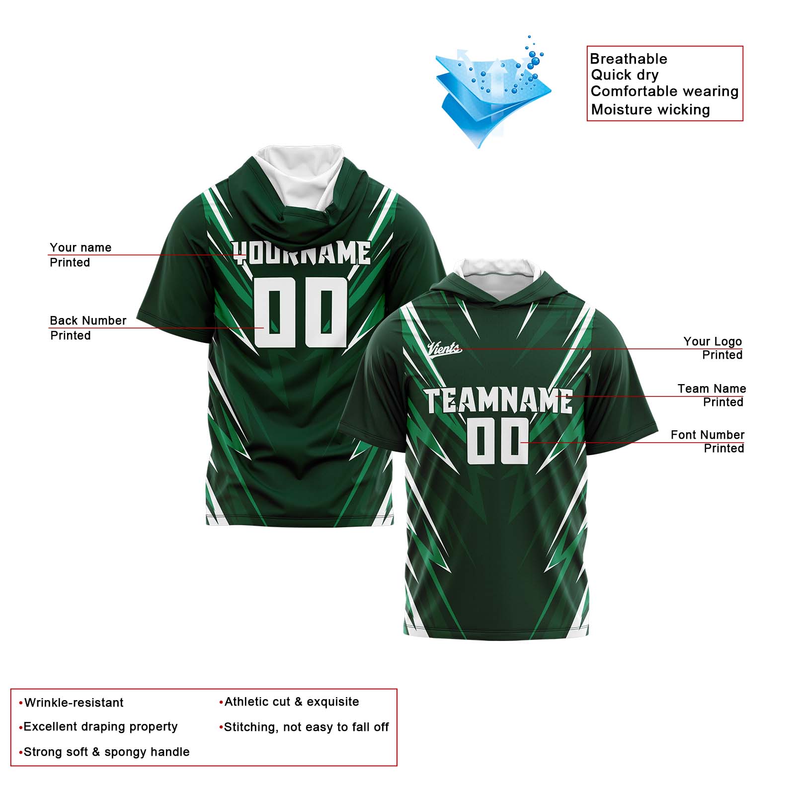 Custom Dark Green Short Sleeve Hoodies for Men Women Shirts with Hoods Printed Name Logo enthsush