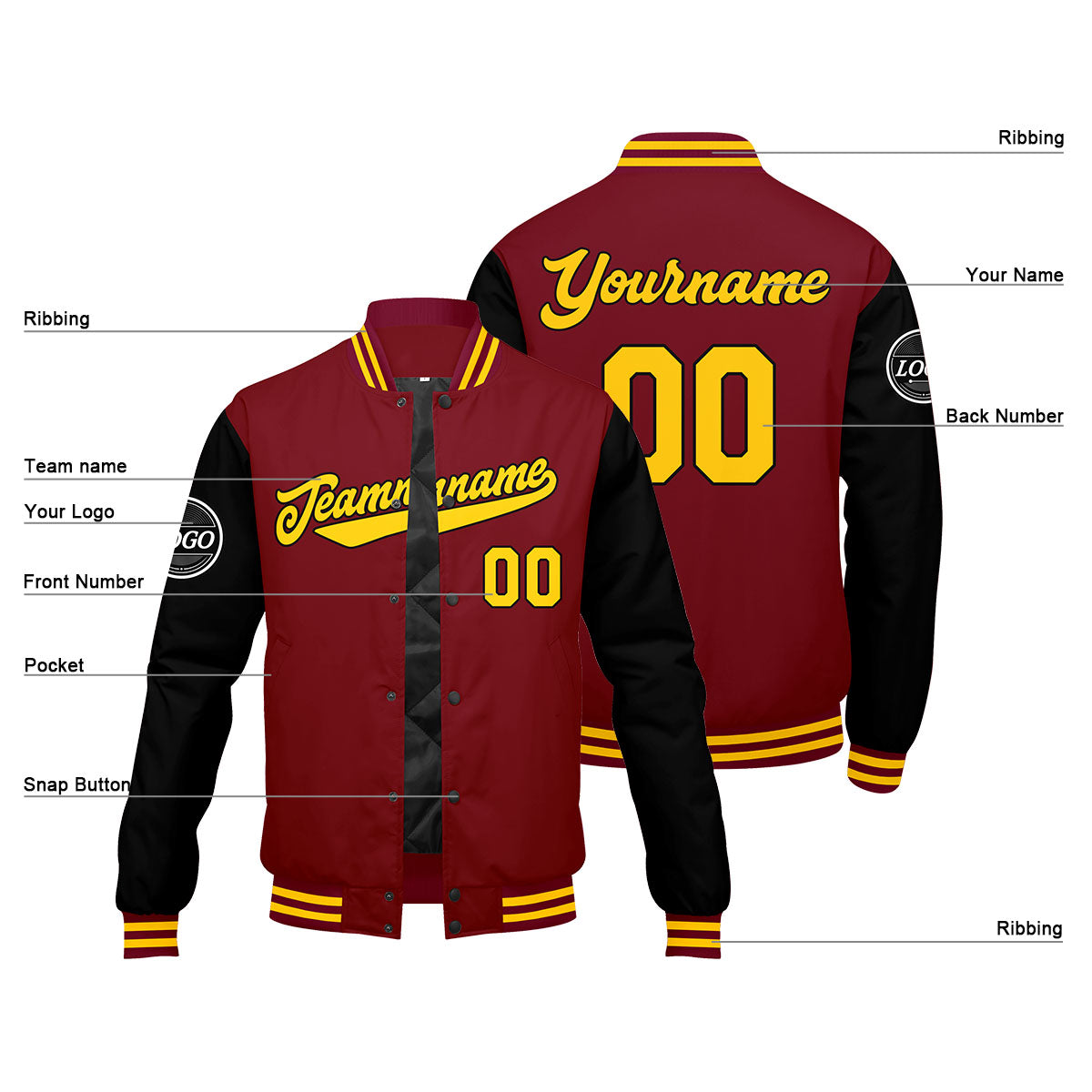 Custom Varsity Jacket Letterman jacket for Men, Women and Youth Crimson Black Yellow enthsush