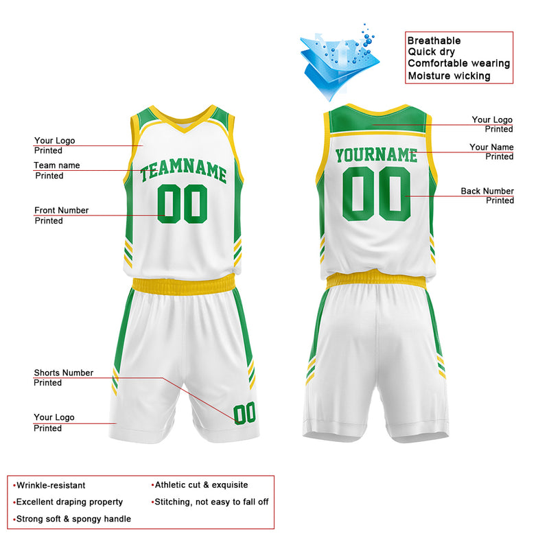 Custom Basketball Jersey Uniform Suit Printed Your Logo Name Number White-Green-Yellow enthsush