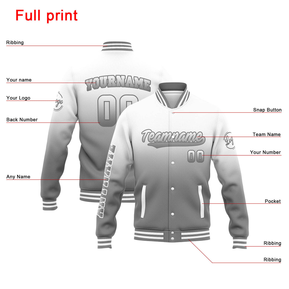 Custom Varsity Jacket Letterman jacket for Men, Women and Youth White Grey Gradient enthsush