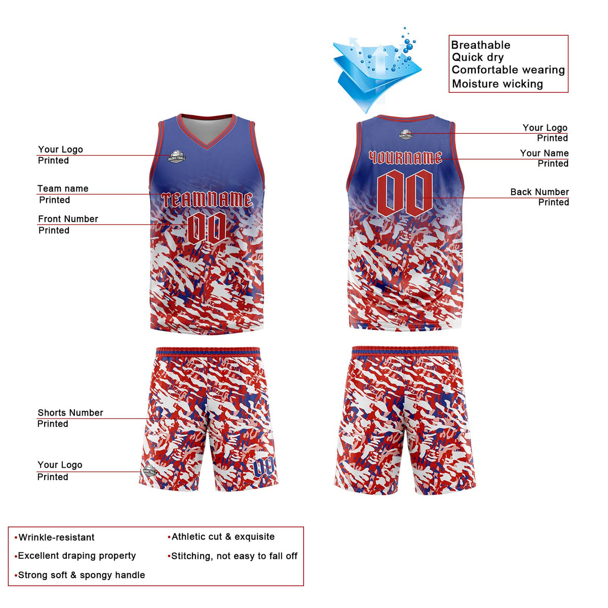 Custom Blue Red White Basketball Jersey Uniform Suit Printed Your Logo Name Number enthsush