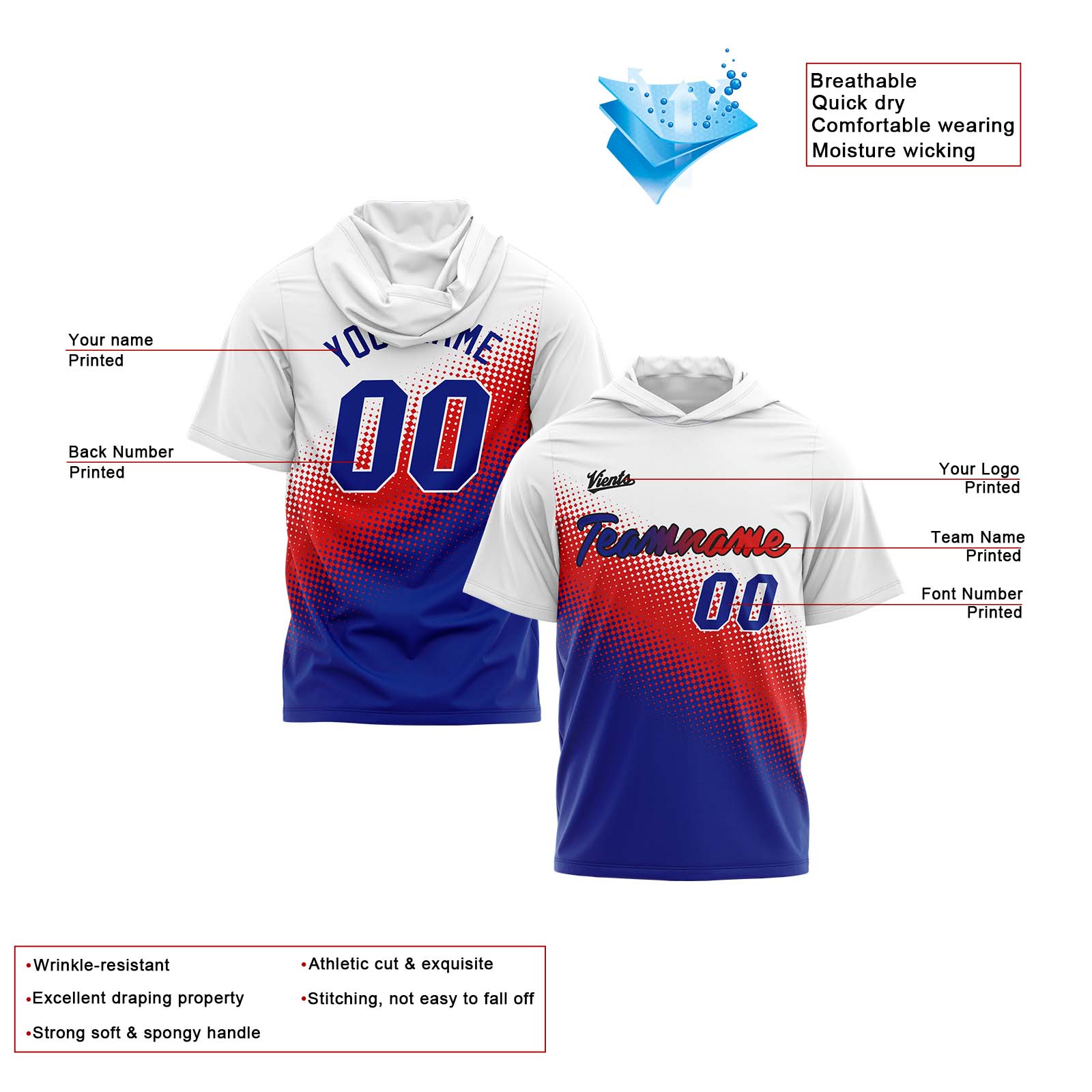 Custom White Red Royal Short Sleeve Hoodies for Men Women Shirts with Hoods Printed Name Logo enthsush